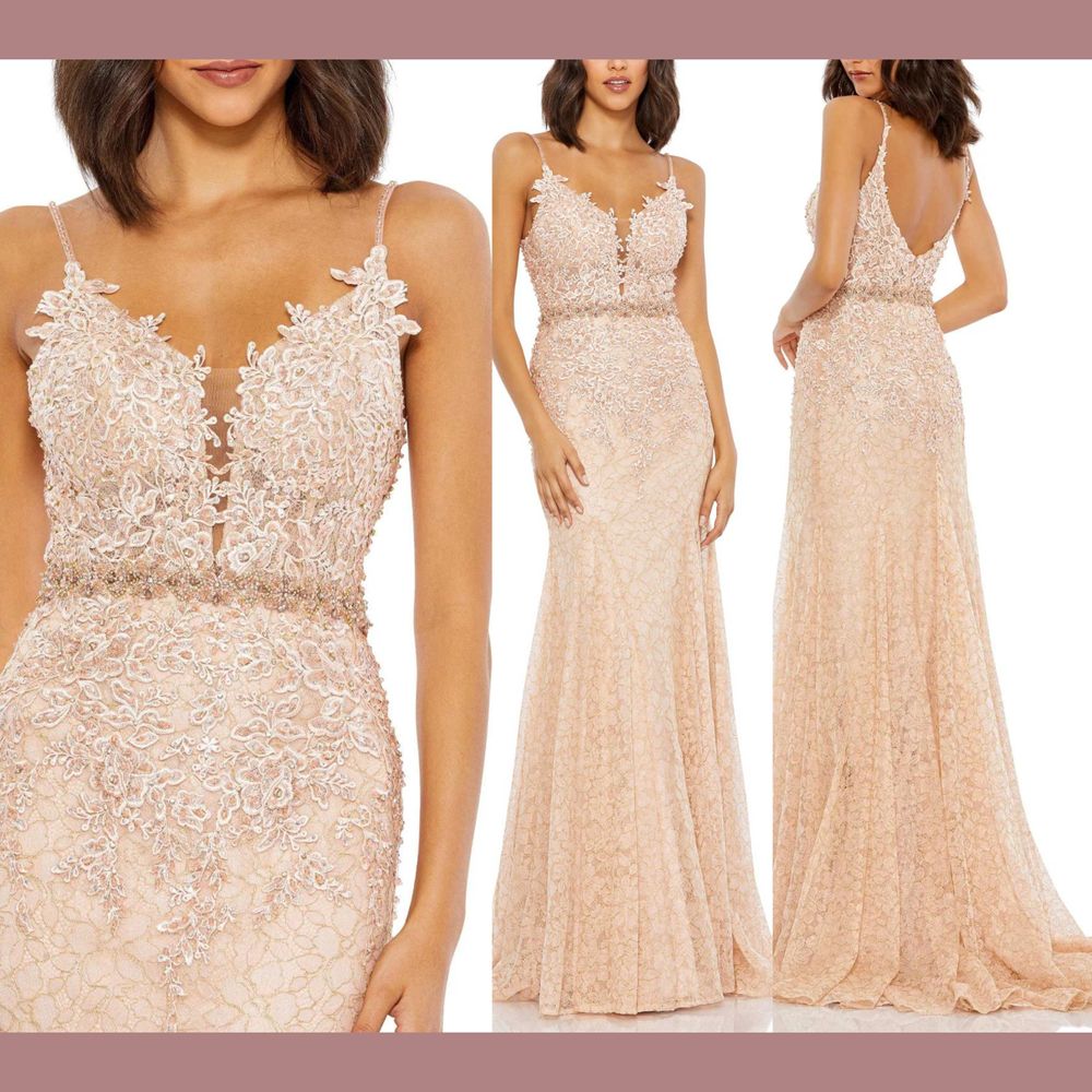 New Mac Duggal [ 14 ] 79341 Applique Plunge Neck Trumpet Gown Blush Pink Q1065